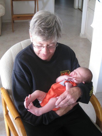 A week old and great grandmother Sue is tickled to see him!