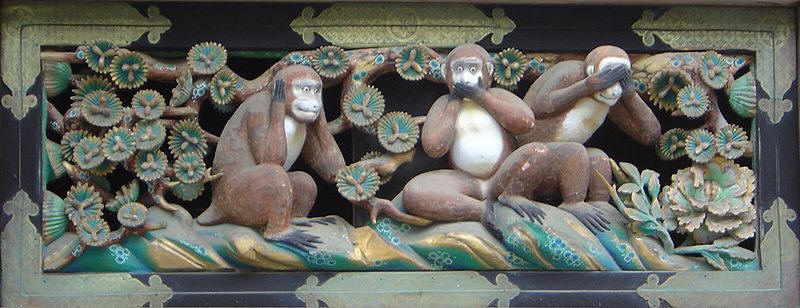 Three Wise Monkeys carved on a stable housing sacred horses at Tōshōgū shrine, Nikkō, Japan