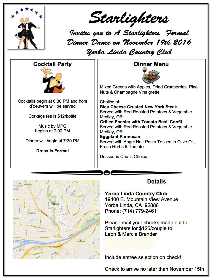 Starlighters Formal Dance November 19th 2016 at Yorba Linda Country Club